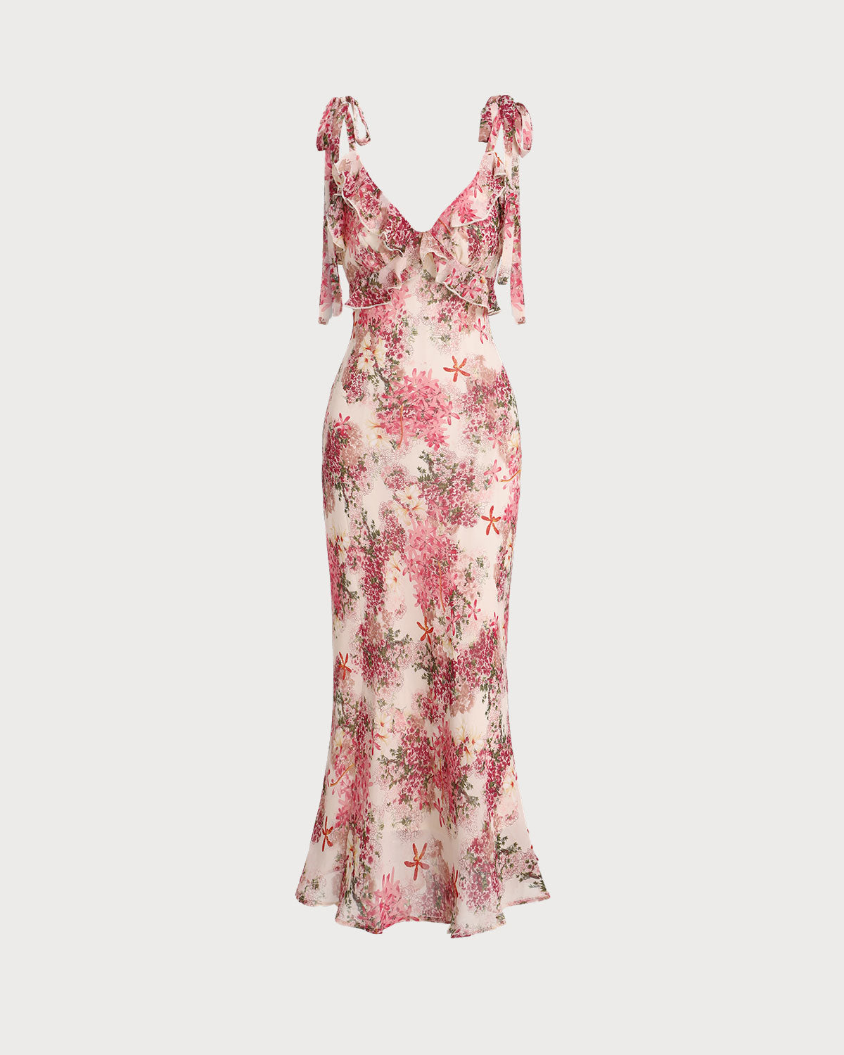 Pink Floral Ruffle Tie Strap Midi Dress | Rihoas