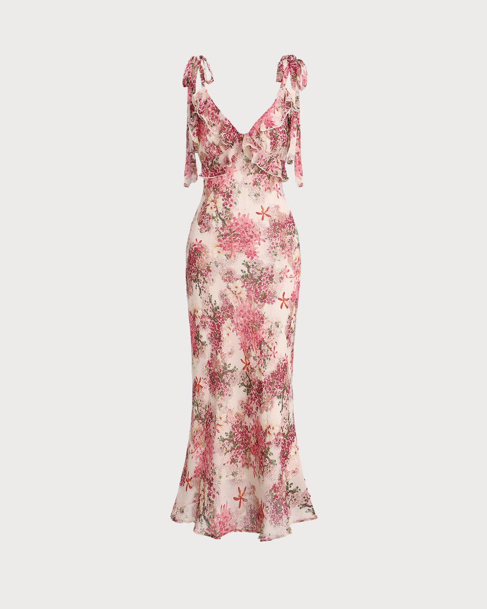 Pink Floral Ruffle Tie Strap Midi Dress | Rihoas