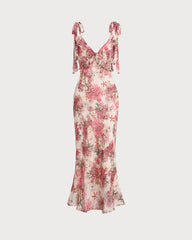 Pink Floral Ruffle Tie Strap Midi Dress | Rihoas