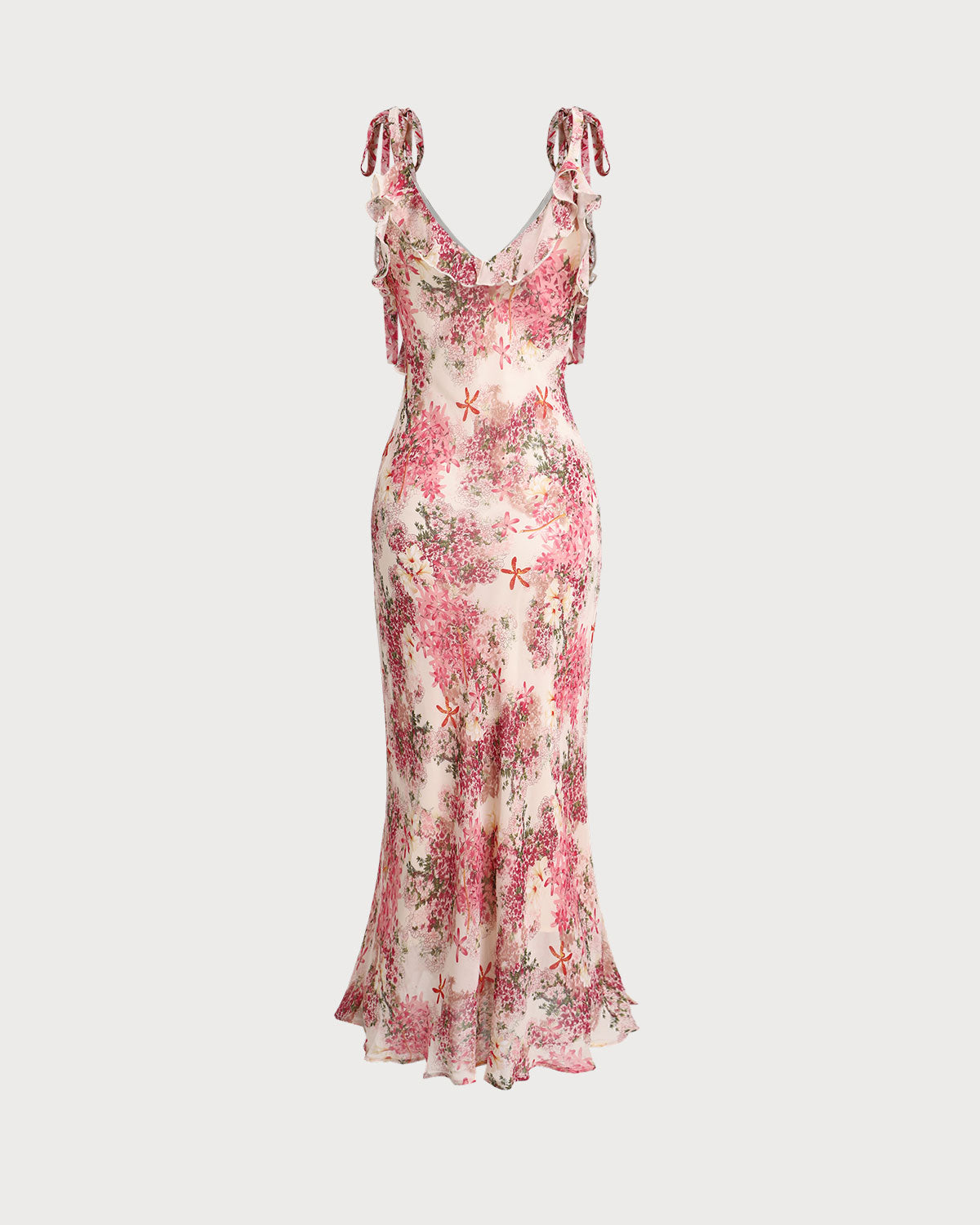 Pink Floral Ruffle Tie Strap Midi Dress | Rihoas