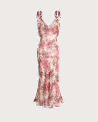 Pink Floral Ruffle Tie Strap Midi Dress | Rihoas