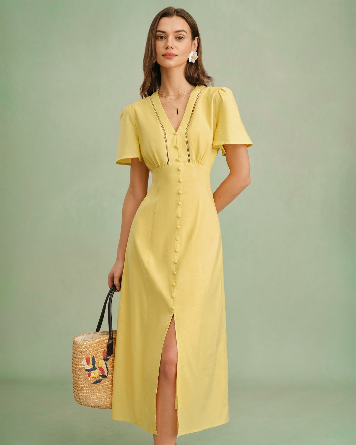 Yellow V Neck Button Midi Dress | Rihoas