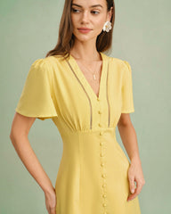 Yellow V Neck Button Midi Dress | Rihoas