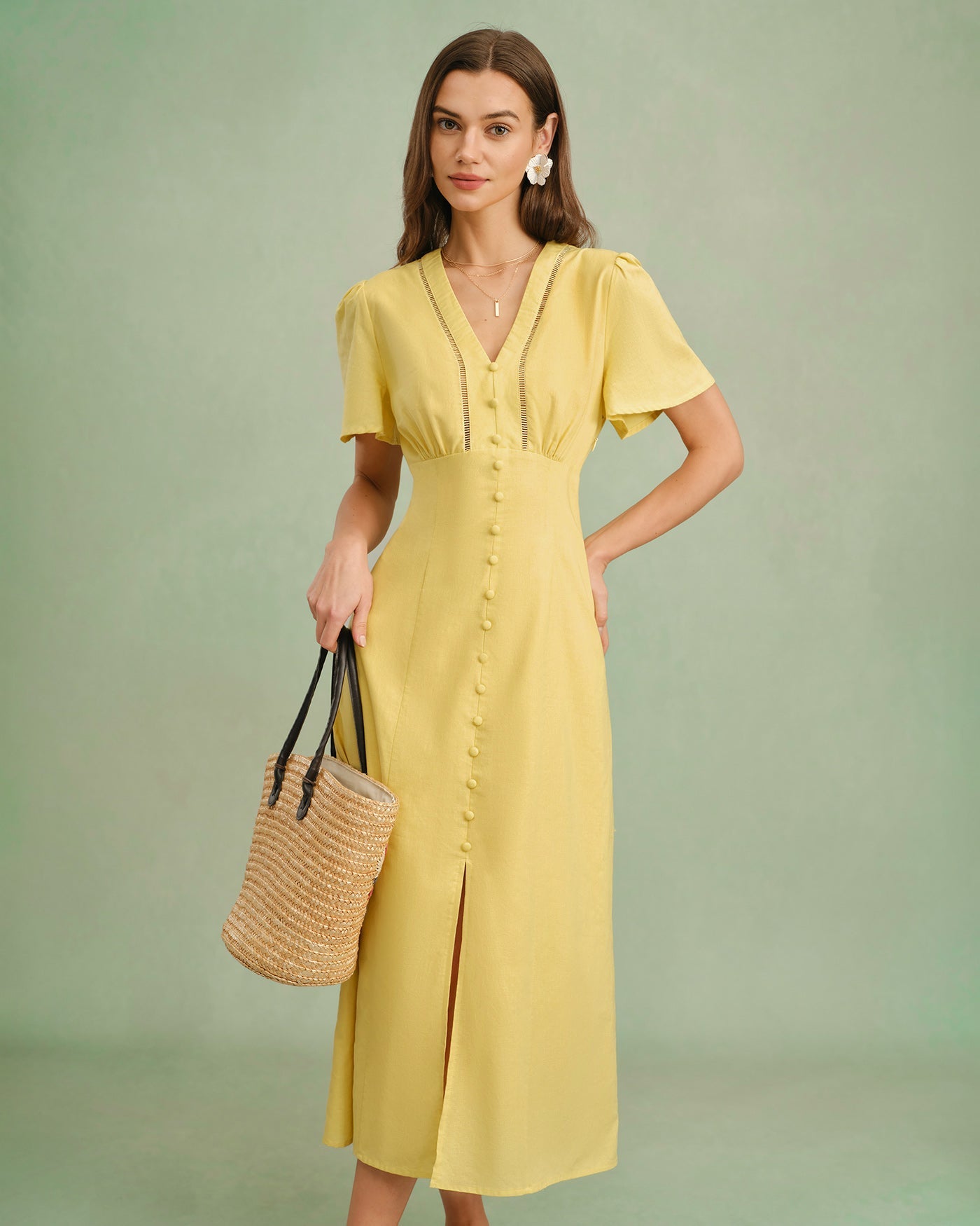 Yellow V Neck Button Midi Dress | Rihoas