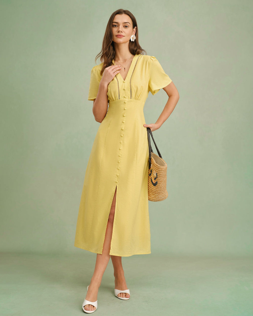 Yellow V Neck Button Midi Dress | Rihoas