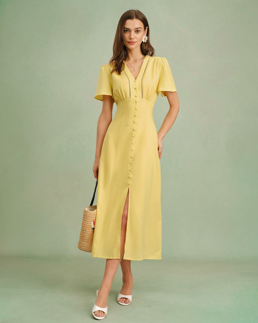 Yellow V Neck Button Midi Dress | Rihoas