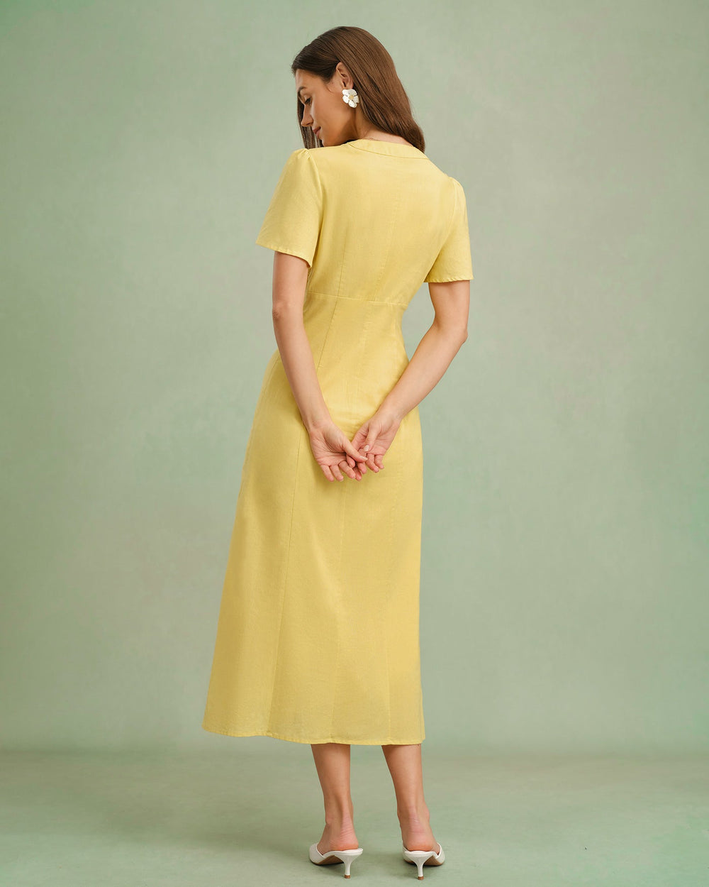 Yellow V Neck Button Midi Dress | Rihoas