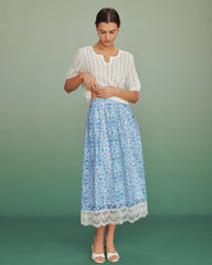 Blue Floral Lace A-Line Skirt | Rihoas