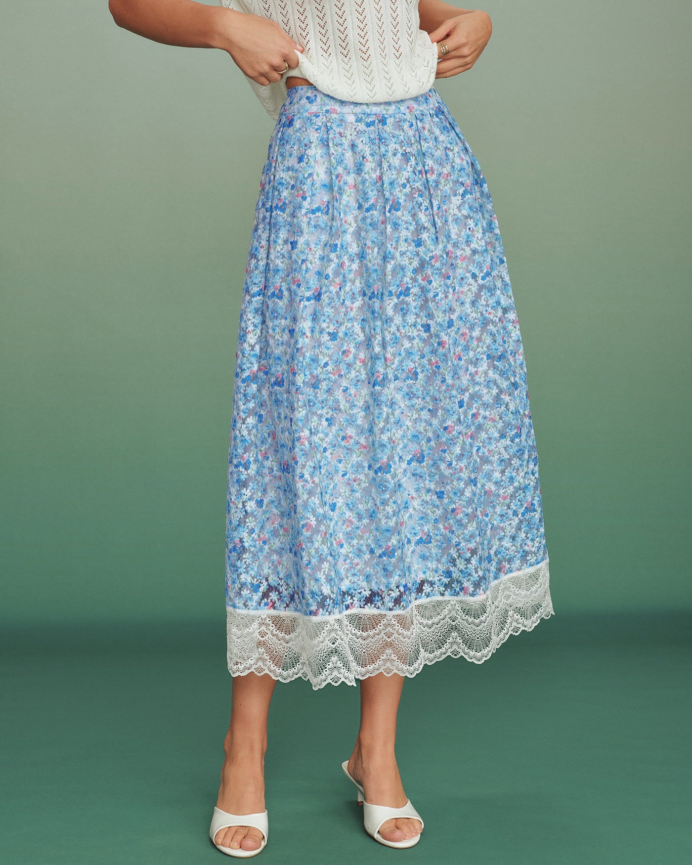 Blue Floral Lace A-Line Skirt | Rihoas