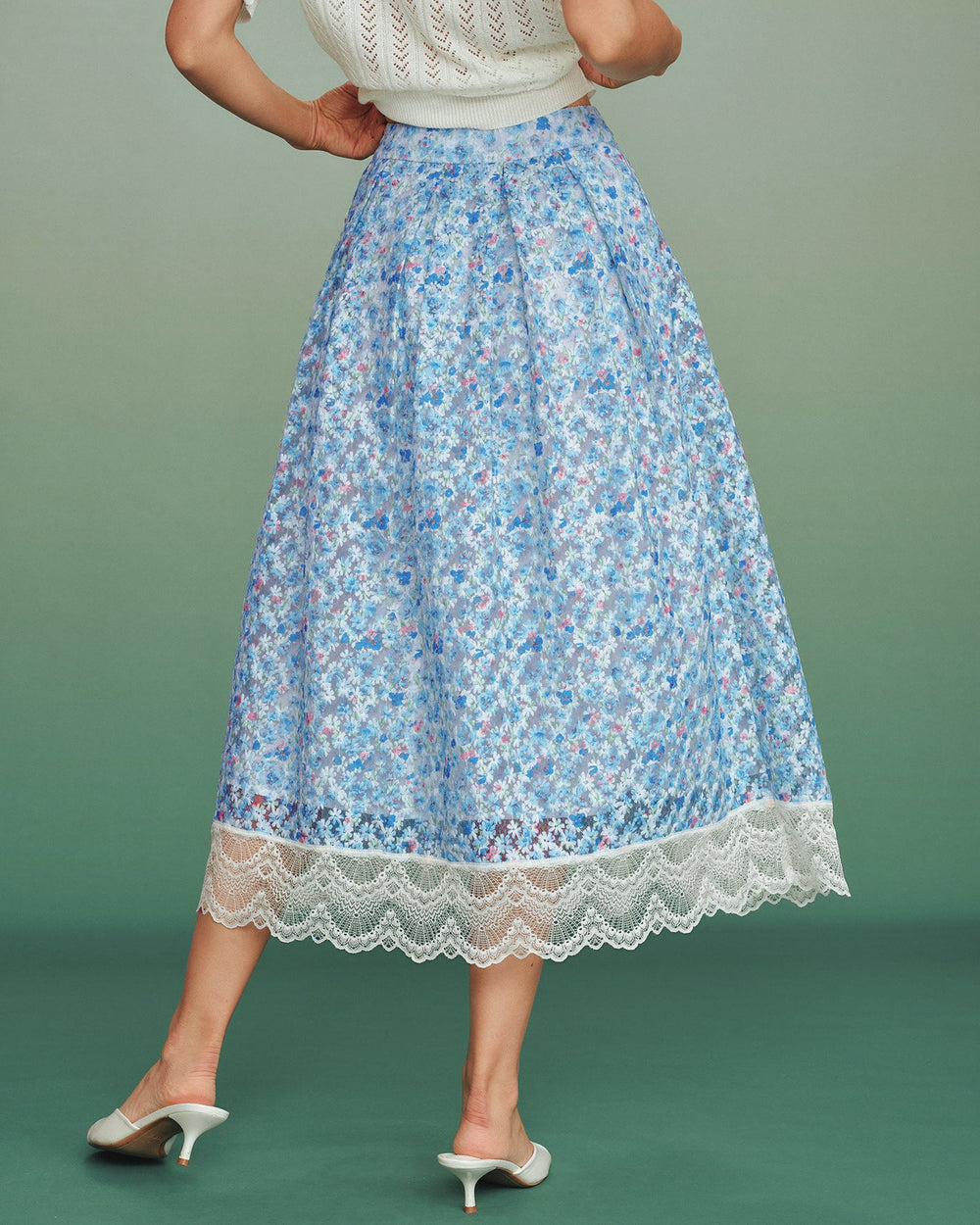 Blue Floral Lace A-Line Skirt | Rihoas