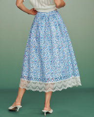 Blue Floral Lace A-Line Skirt | Rihoas