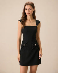 Black Square Neck Cap Sleeve Mini Dress | Rihoas
