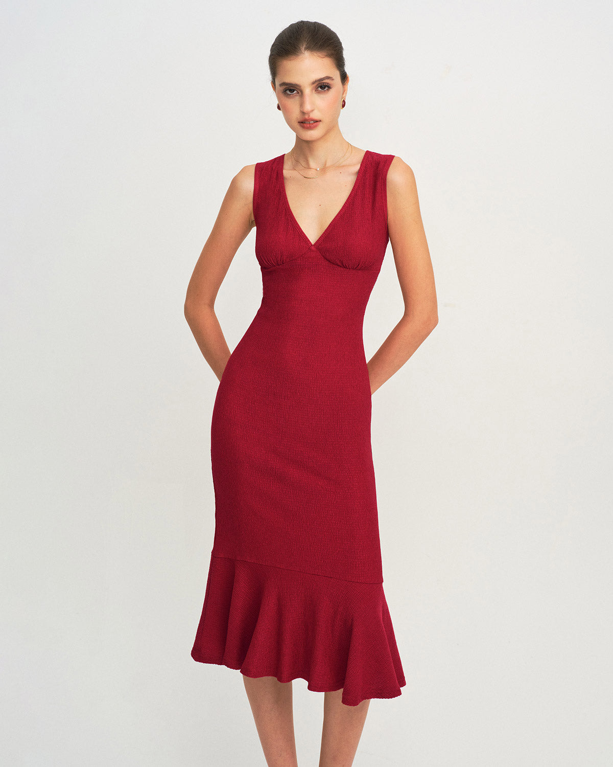 Red V Neck A-Line Midi Dress | Rihoas