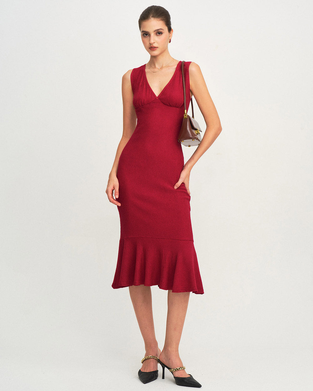 Red V Neck A-Line Midi Dress | Rihoas