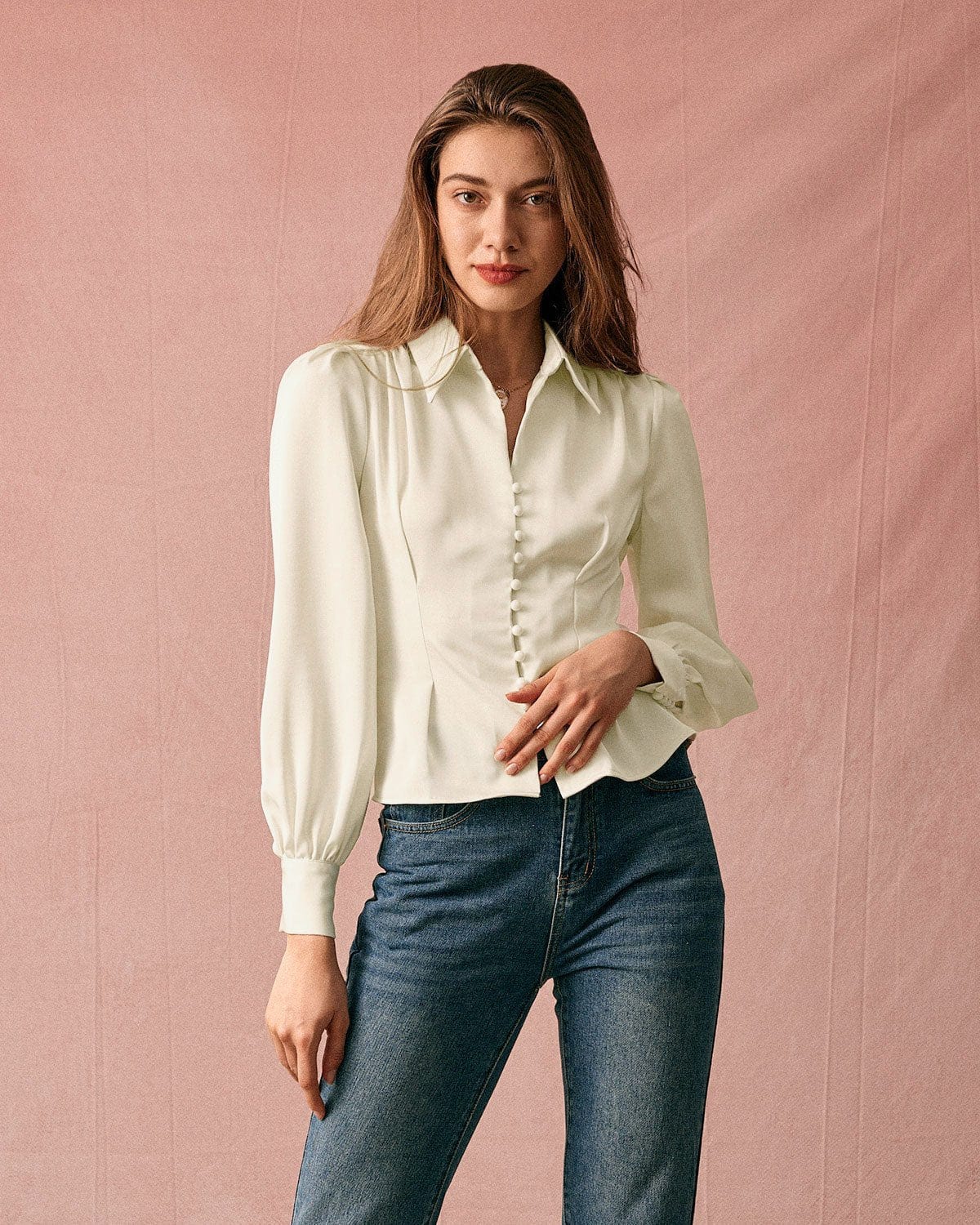 The Solid Collared Puff Sleeve Satin Blouse | Rihoas