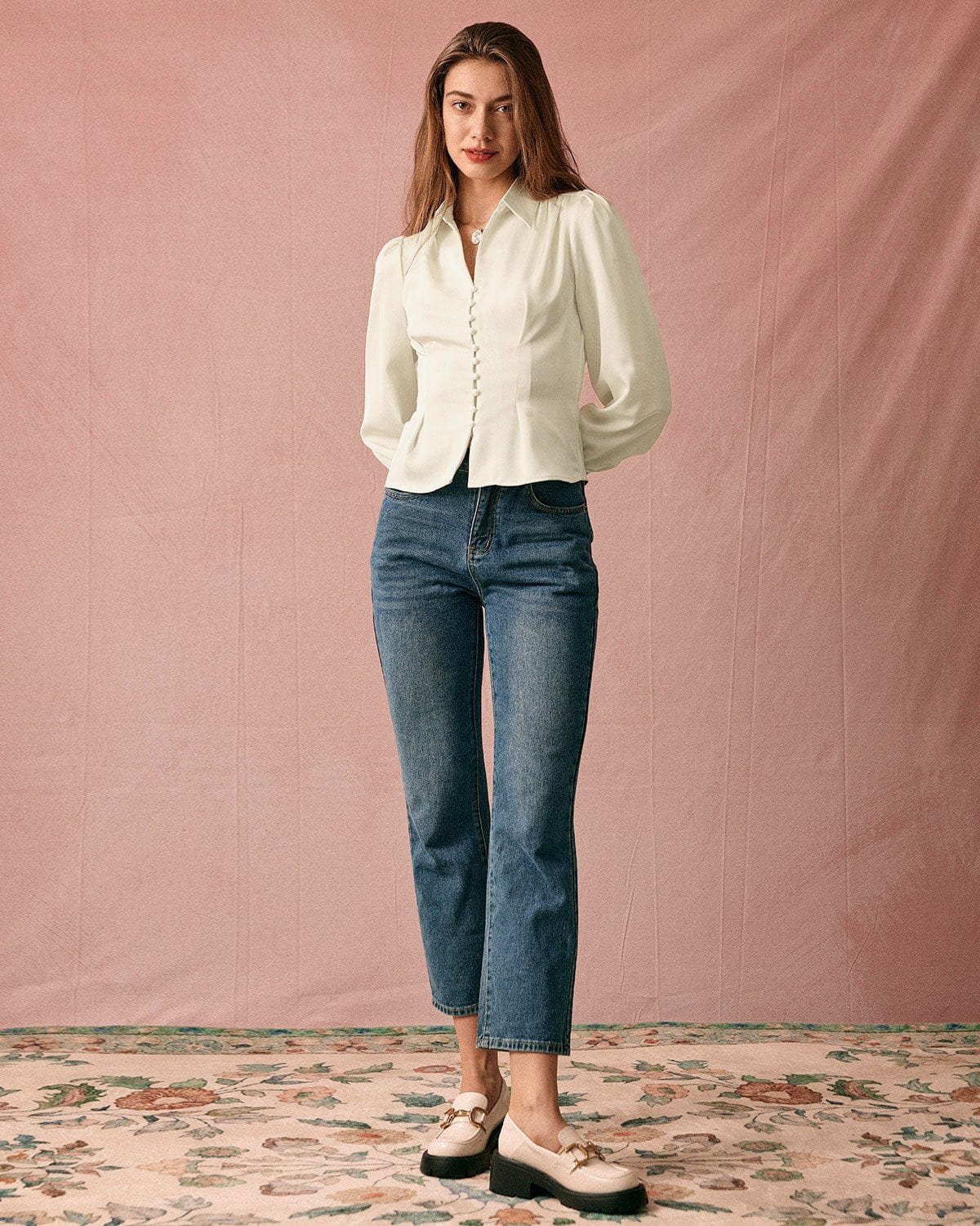 The Solid Collared Puff Sleeve Satin Blouse | Rihoas