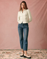 The Solid Collared Puff Sleeve Satin Blouse | Rihoas