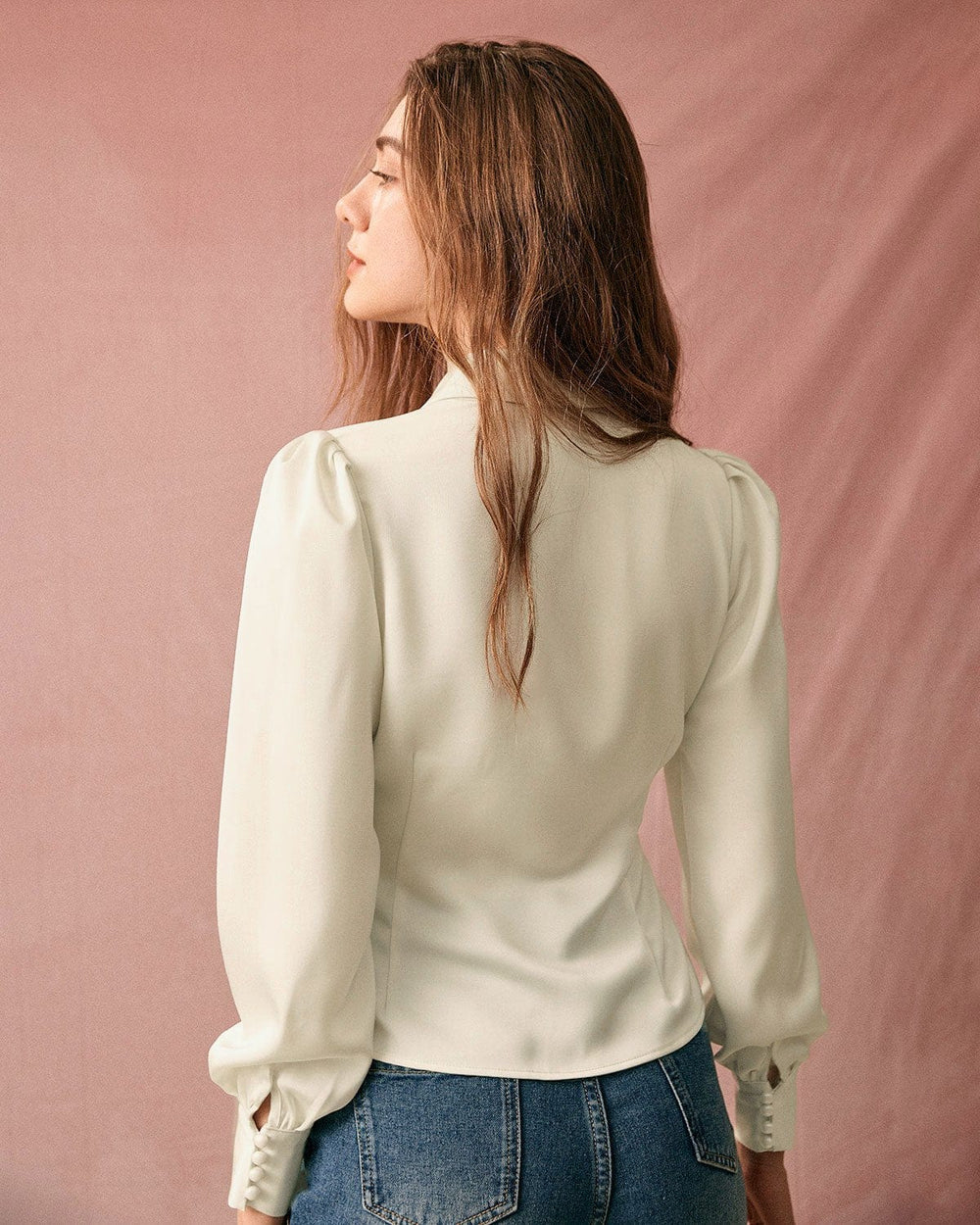 The Solid Collared Puff Sleeve Satin Blouse | Rihoas