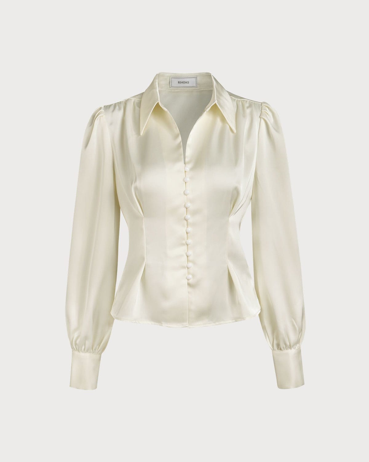 The Solid Collared Puff Sleeve Satin Blouse | Rihoas