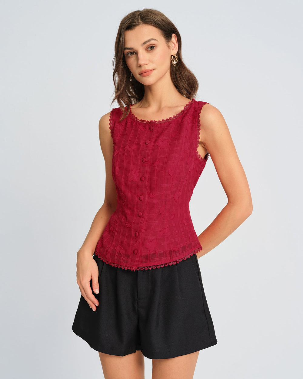 Red Jacquard Round Neck Vest | Rihoas