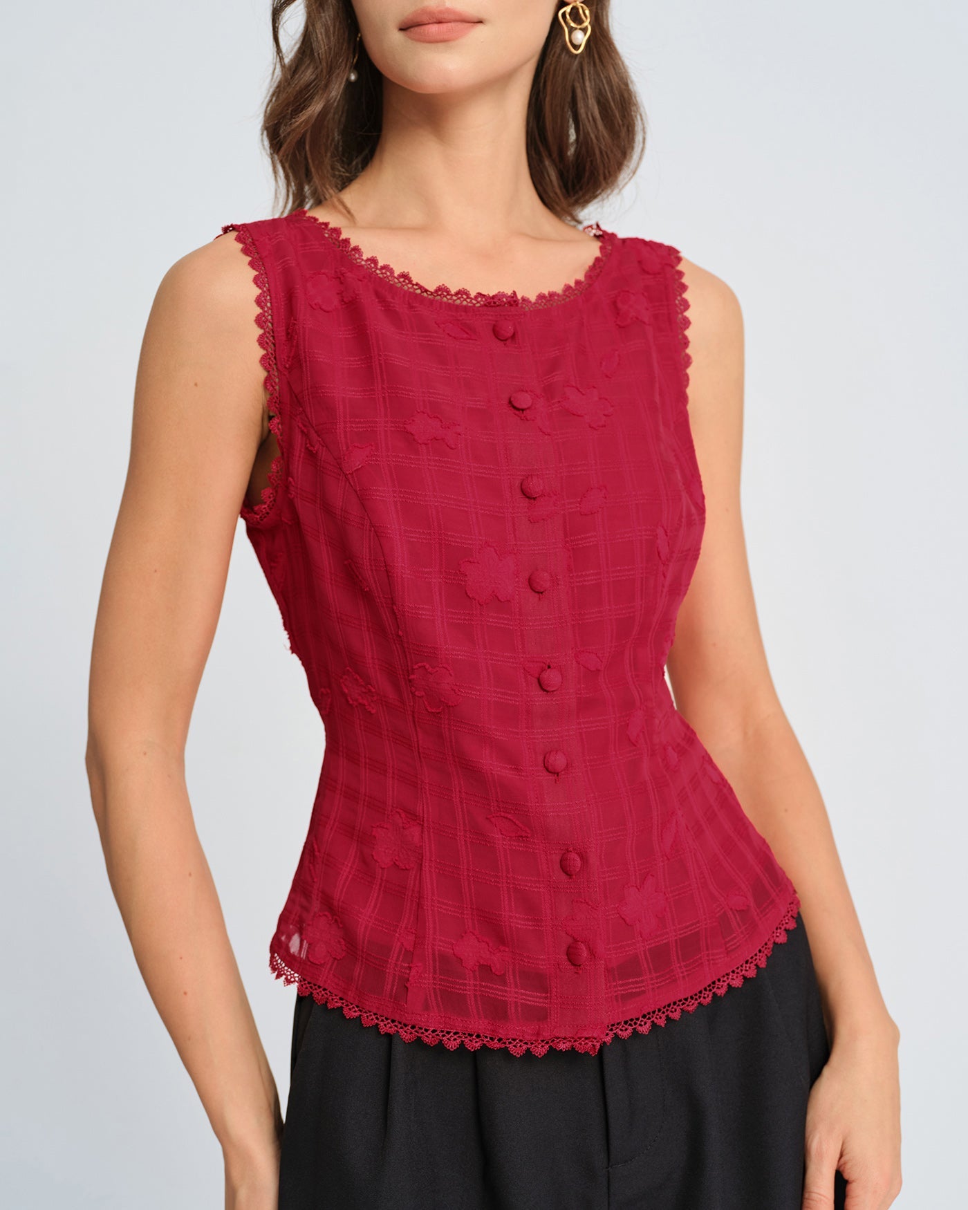 Red Jacquard Round Neck Vest | Rihoas