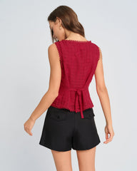 Red Jacquard Round Neck Vest | Rihoas