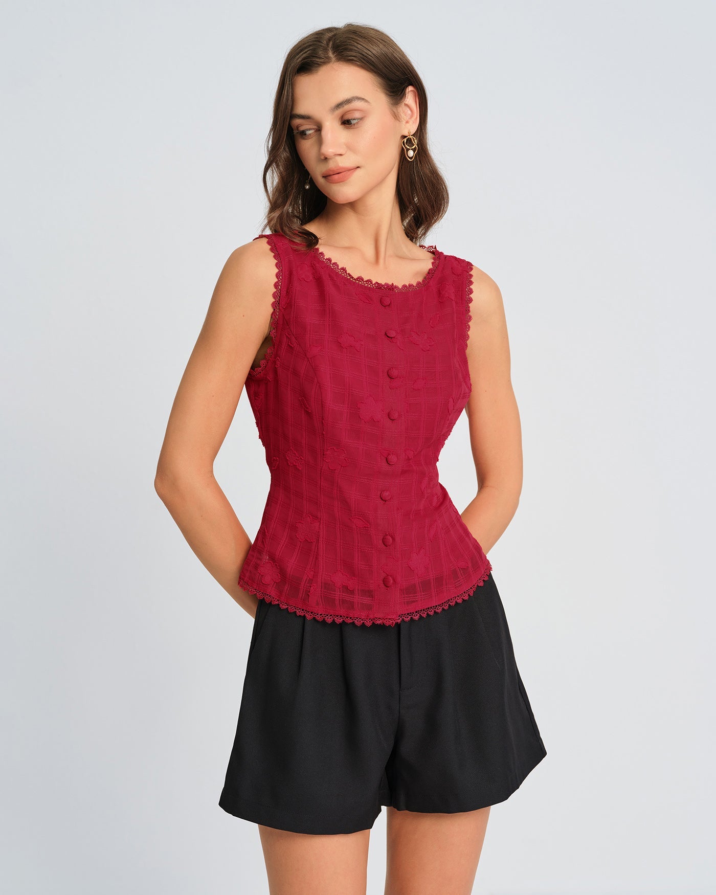 Red Jacquard Round Neck Vest | Rihoas