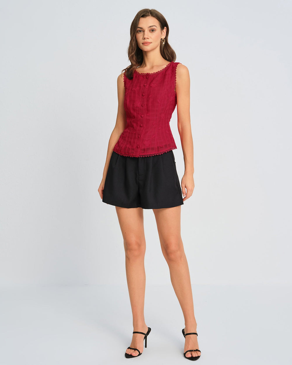 Red Jacquard Round Neck Vest | Rihoas