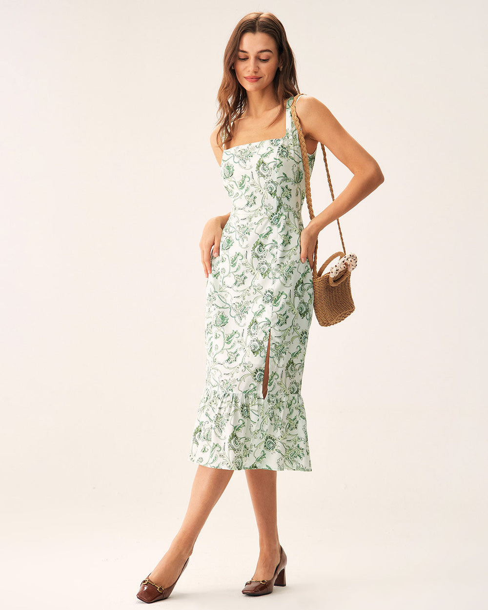 Green Floral Square Neck Midi Dress | Rihoas
