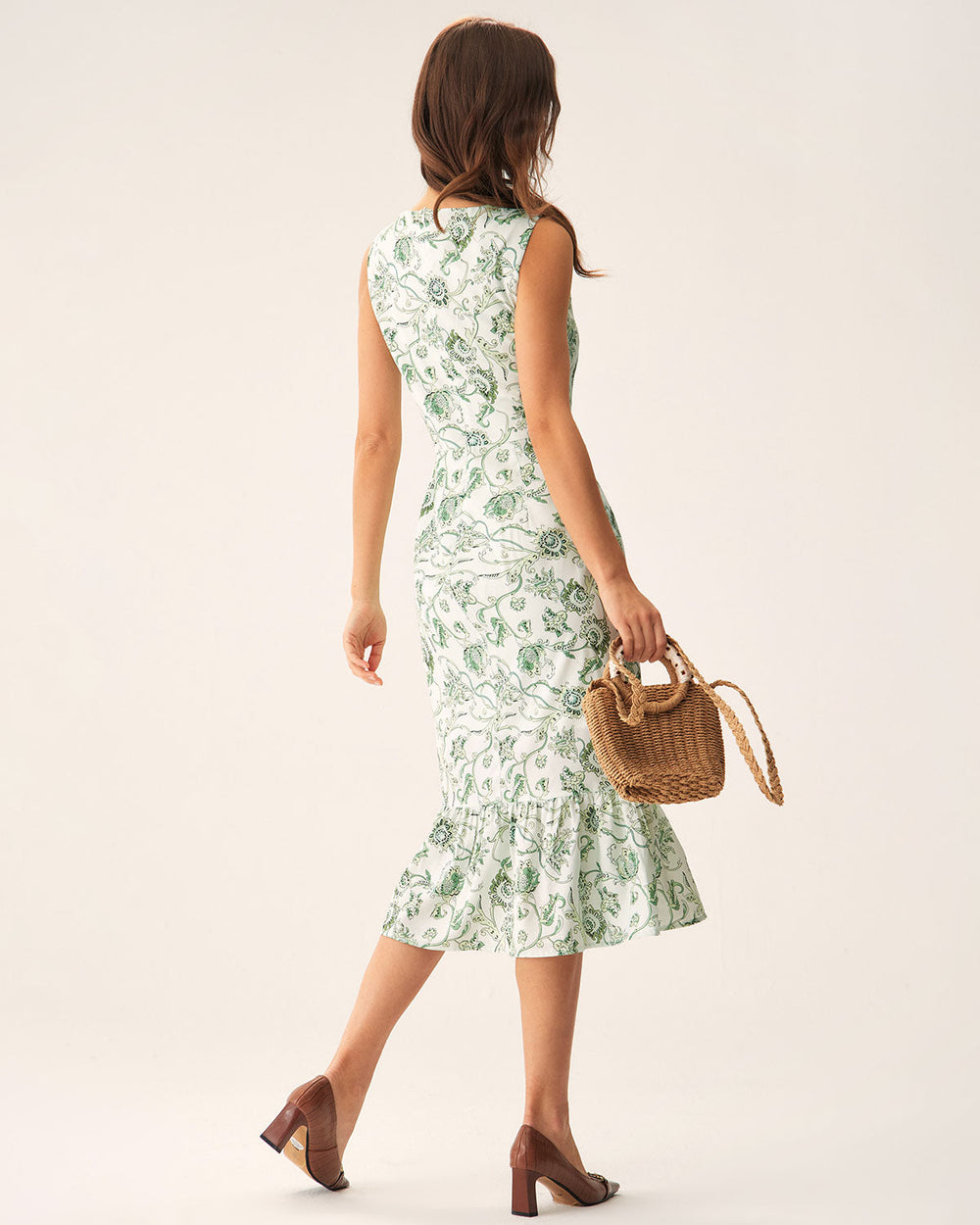 Green Floral Square Neck Midi Dress | Rihoas