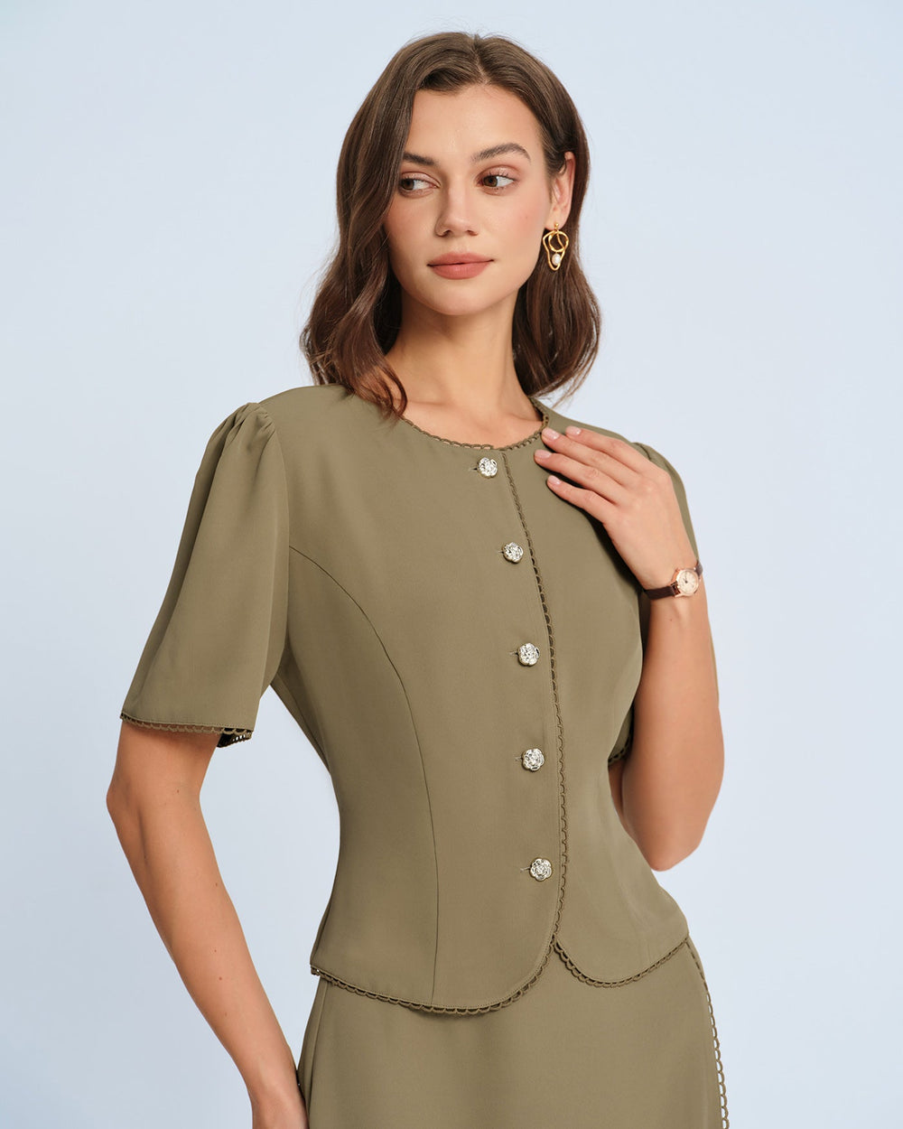 Khaki Puffed Sleeve Blouse | Rihoas