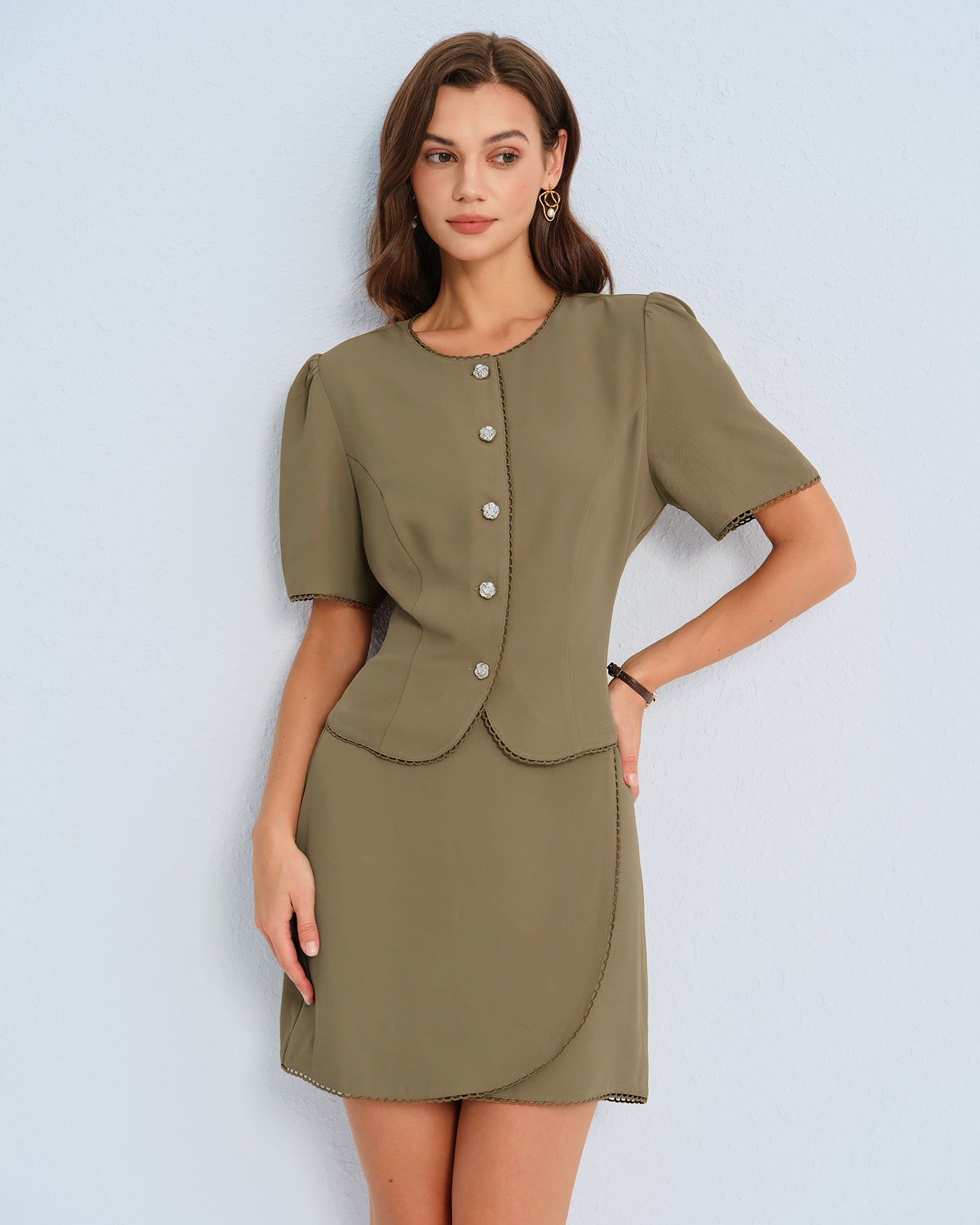 Khaki Puffed Sleeve Blouse | Rihoas