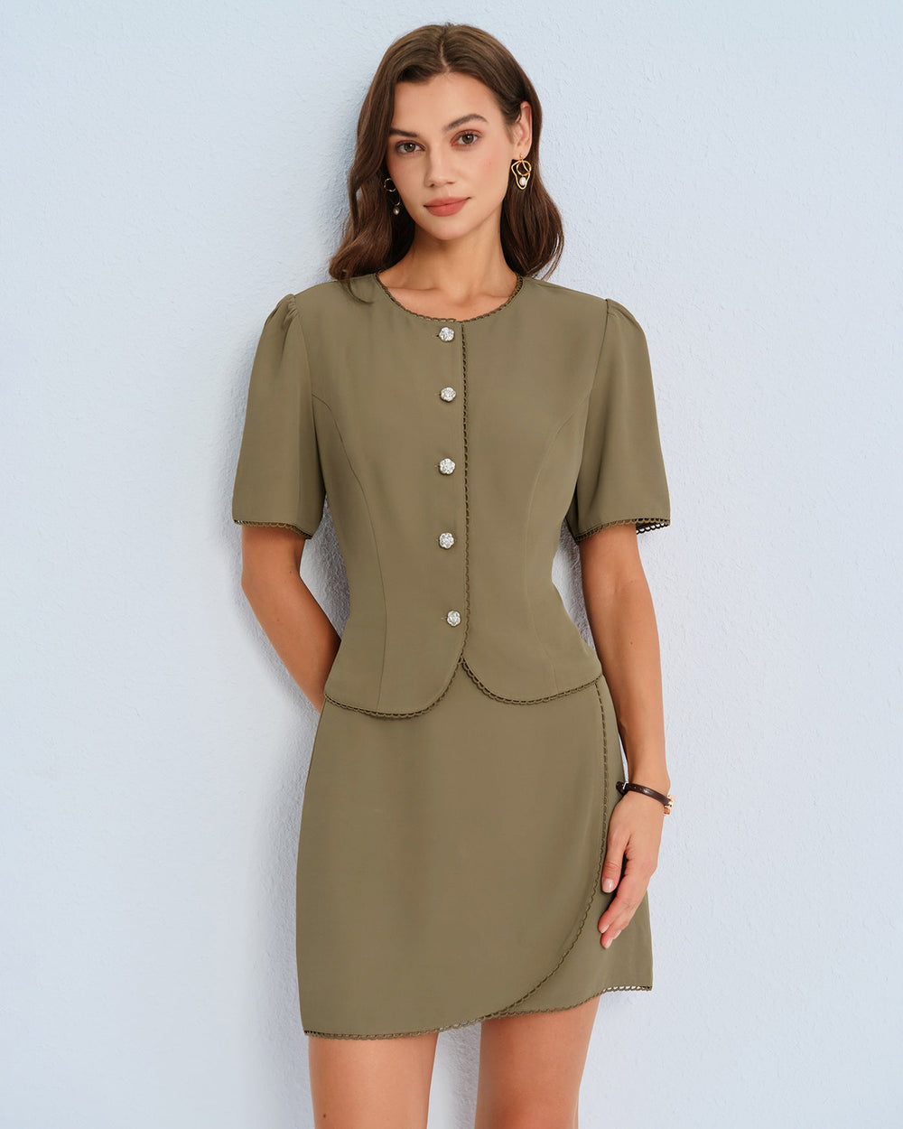 Khaki Puffed Sleeve Blouse | Rihoas