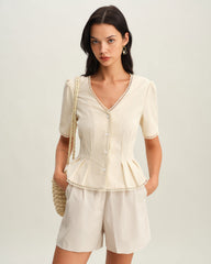 Beige V Neck Pleated Button Blouse | Rihoas