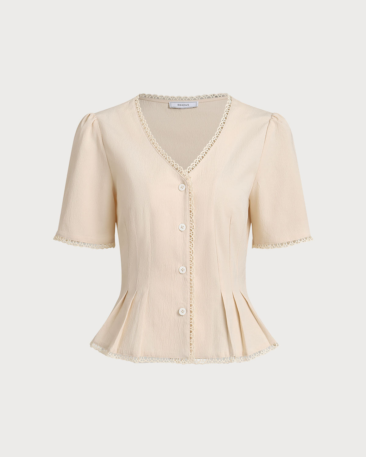 Beige V Neck Pleated Button Blouse | Rihoas