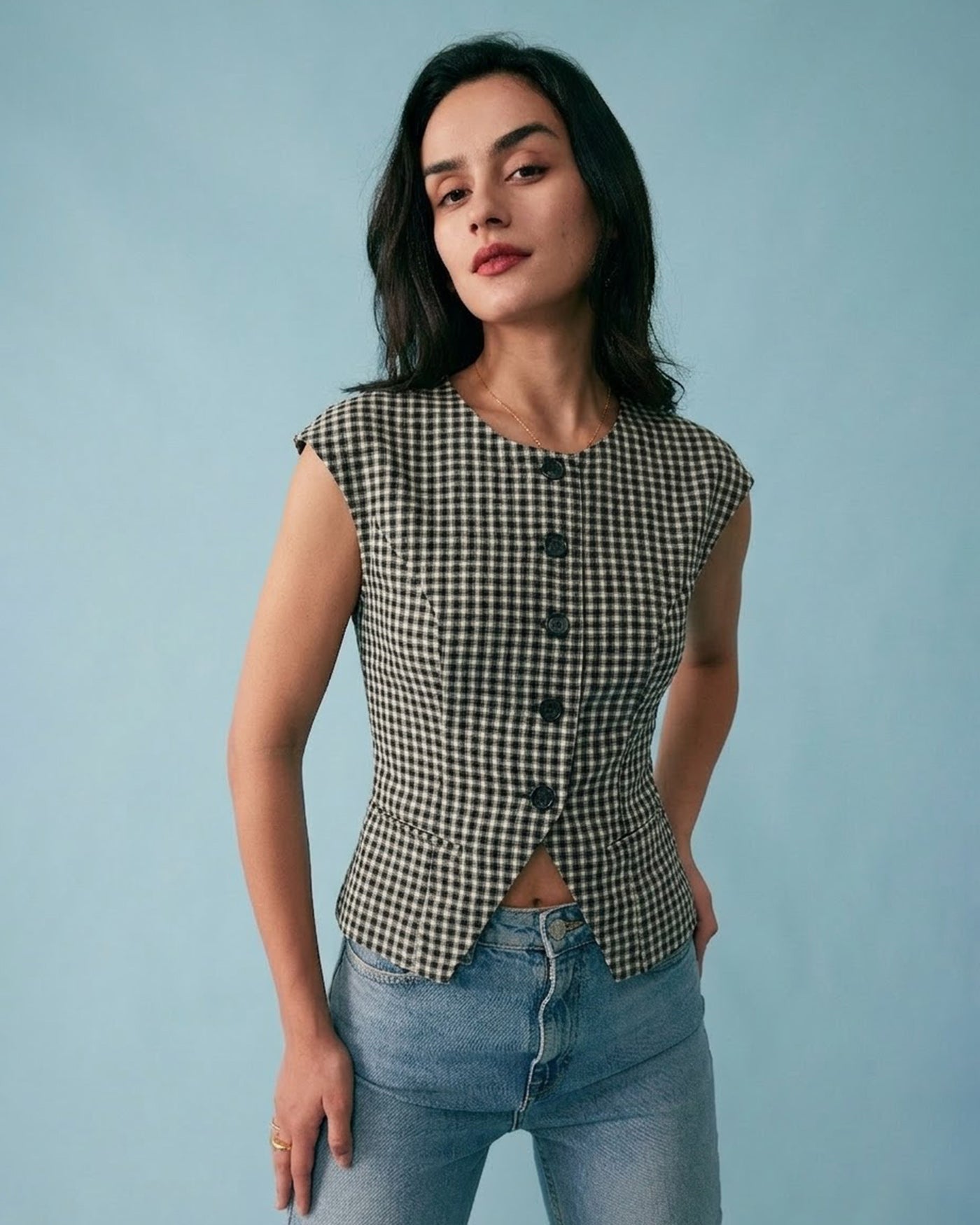 Black Plaid Viscose Tee | Rihoas