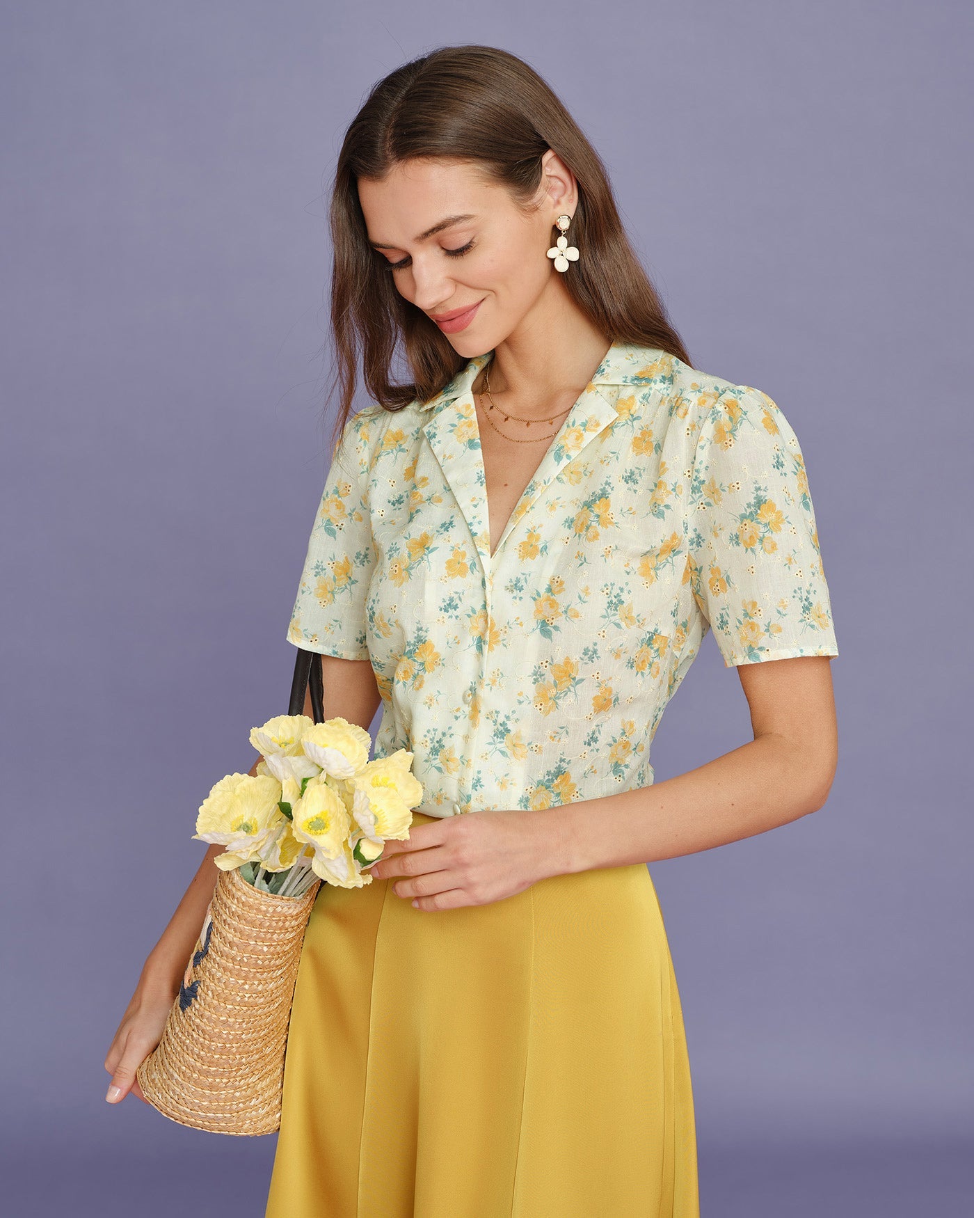Yellow Collar Puffed Sleeve Floral Blouse | Rihoas