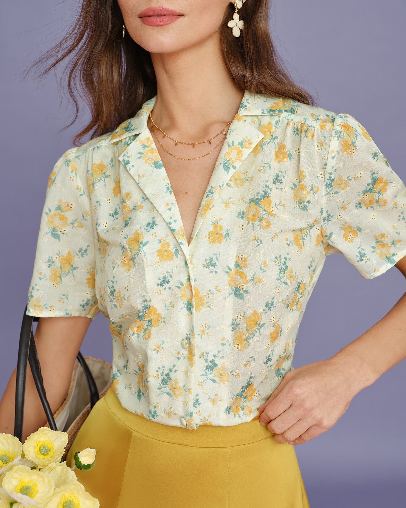 Yellow Collar Puffed Sleeve Floral Blouse | Rihoas