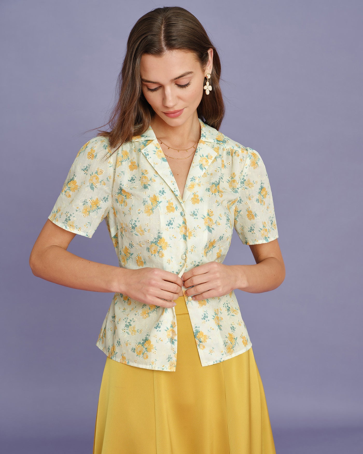 Yellow Collar Puffed Sleeve Floral Blouse | Rihoas