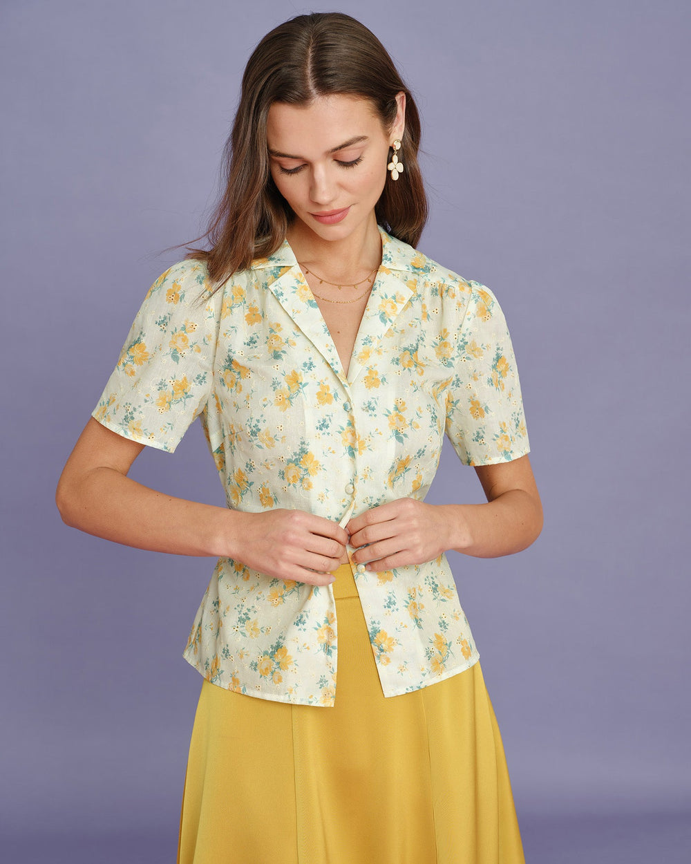 Yellow Collar Puffed Sleeve Floral Blouse | Rihoas