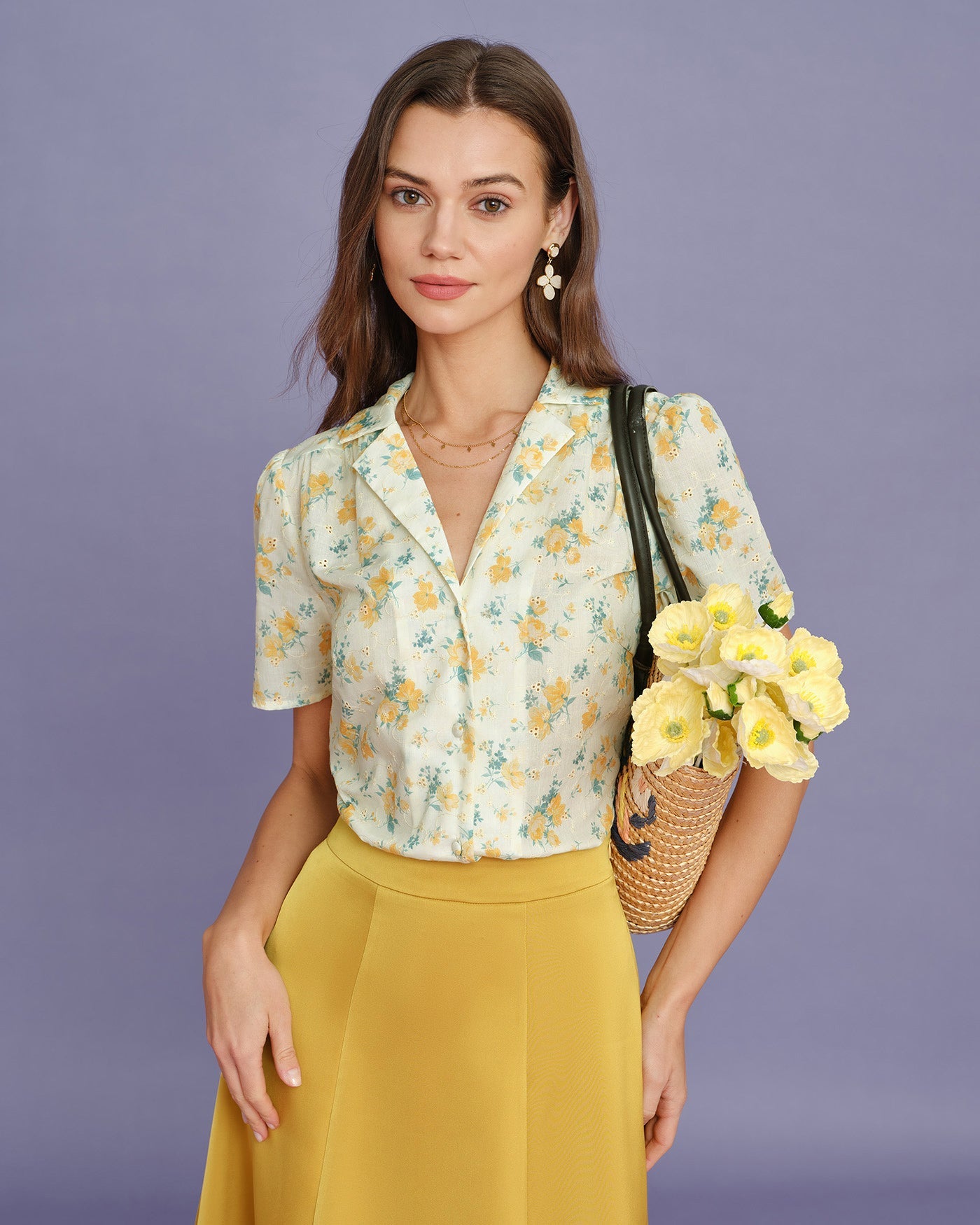 Yellow Collar Puffed Sleeve Floral Blouse | Rihoas