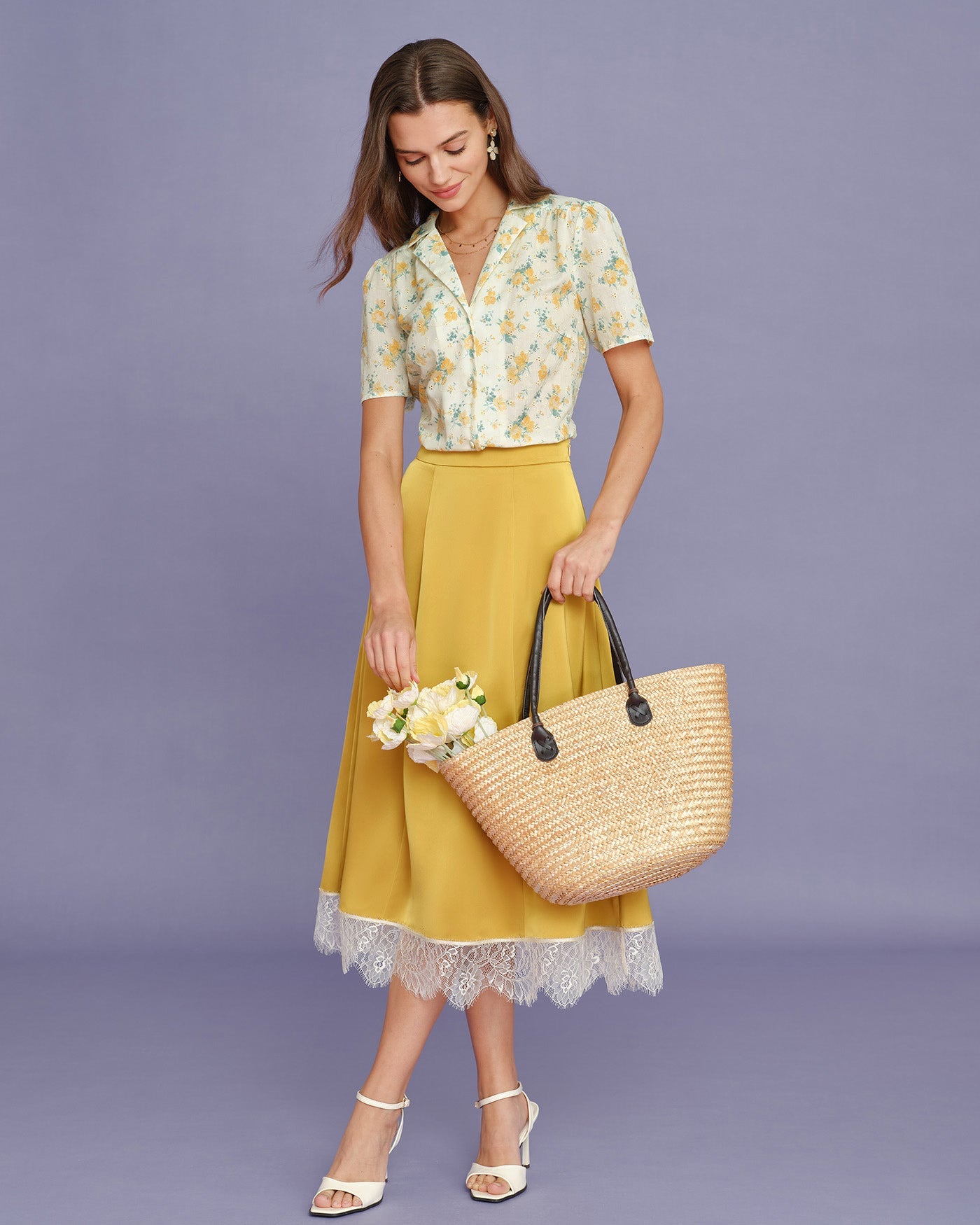 Yellow Collar Puffed Sleeve Floral Blouse | Rihoas