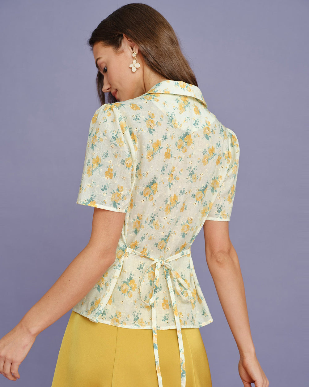 Yellow Collar Puffed Sleeve Floral Blouse | Rihoas