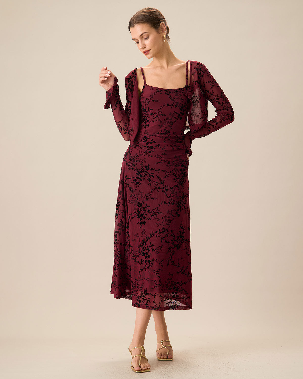 Red Floral Bodycon Slip Midi Dress | Rihoas