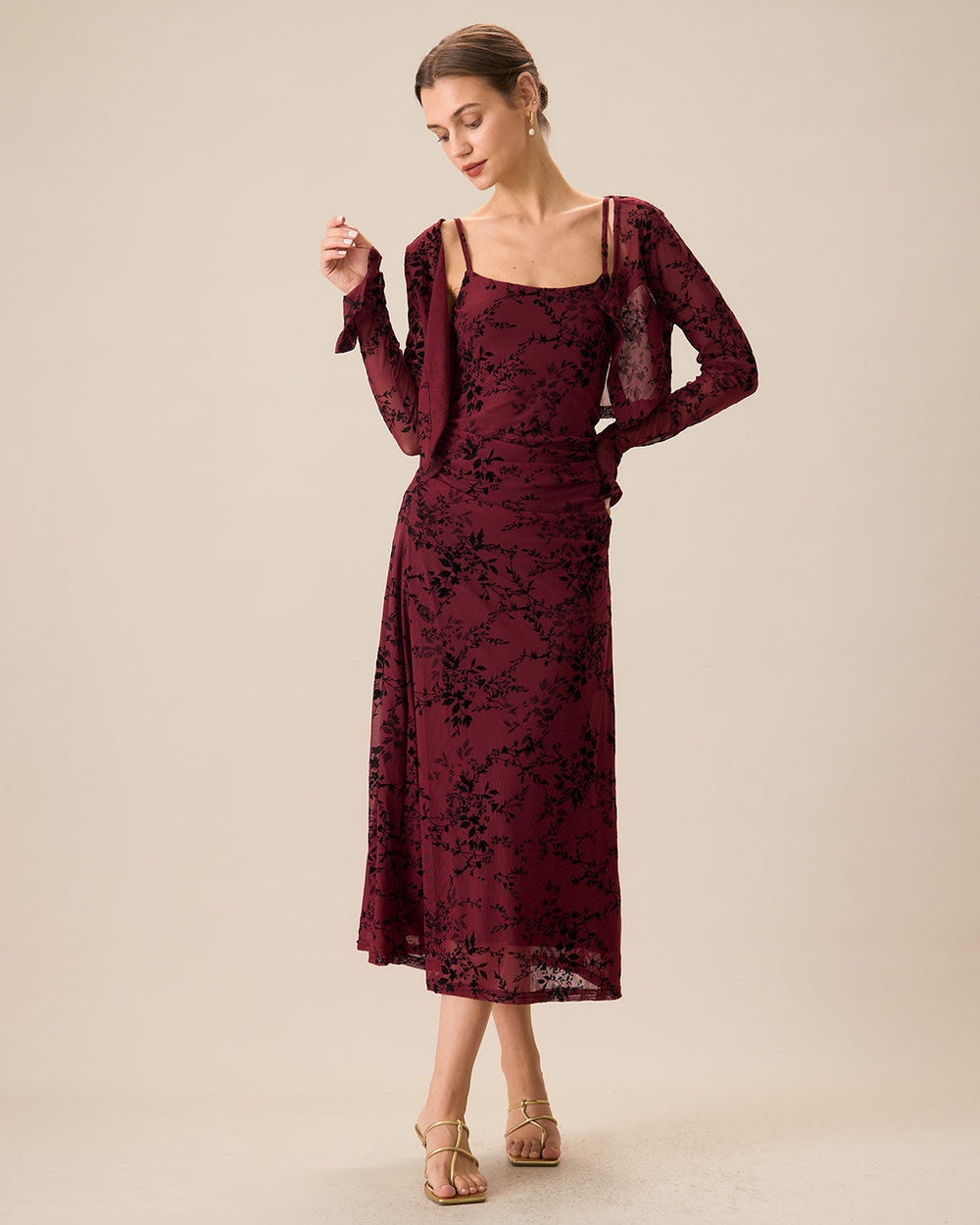 Red Floral Bodycon Slip Midi Dress | Rihoas