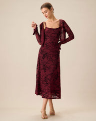 Red Floral Bodycon Slip Midi Dress | Rihoas