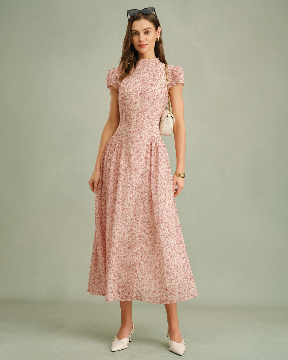 Pink Mock Neck Floral Maxi Dress | Rihoas