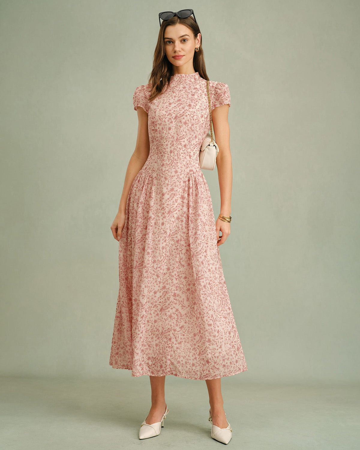 Pink Mock Neck Floral Maxi Dress | Rihoas