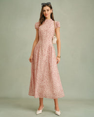 Pink Mock Neck Floral Maxi Dress | Rihoas