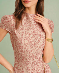 Pink Mock Neck Floral Maxi Dress | Rihoas
